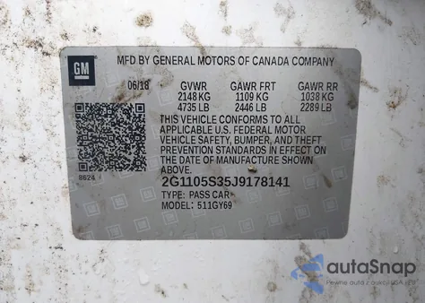 2018 Chevrolet Impala 1Lt z USA, uszkodzony, nr VIN 2G1105S35J9178141